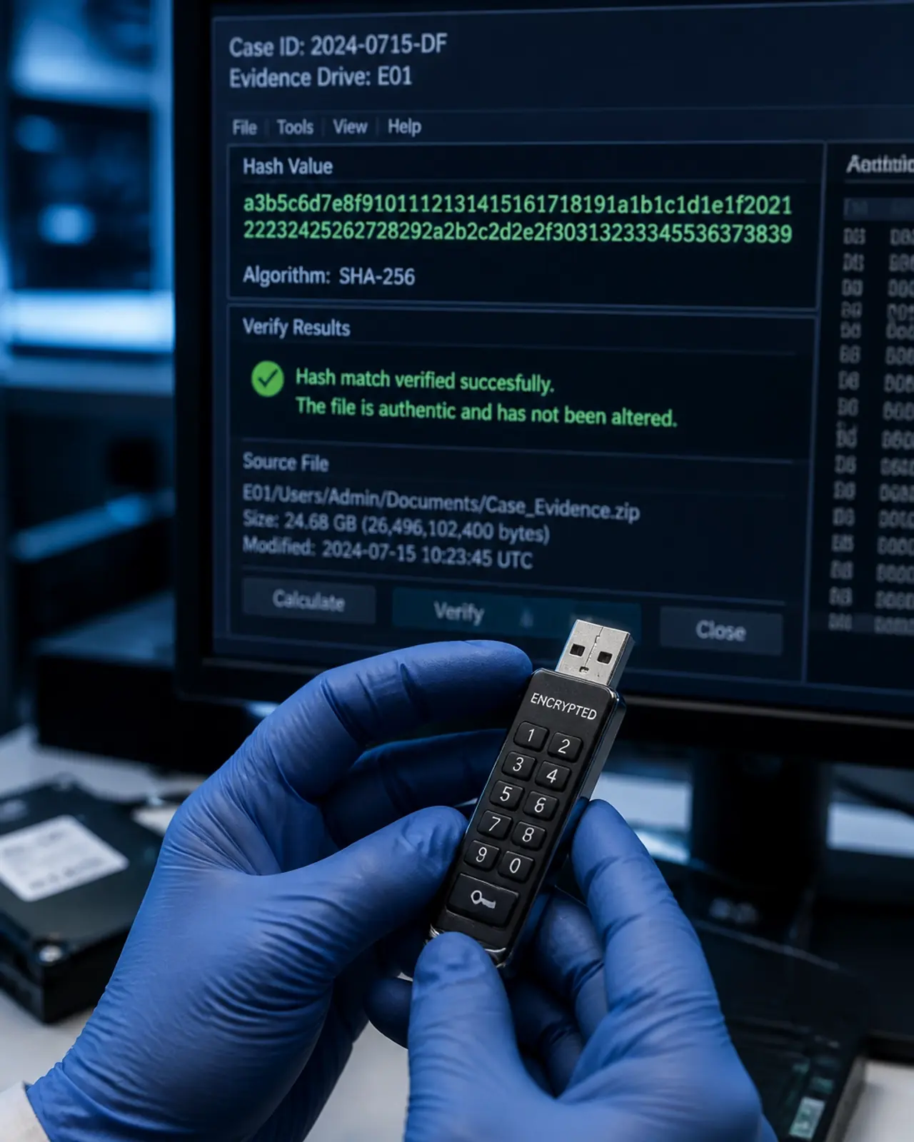 Manos de un perito forense manejando evidencia digital con un código Hash de integridad en pantalla